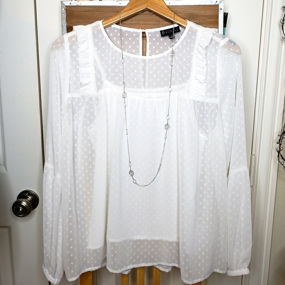 Feminine sheer Swiss dot blouse with cami